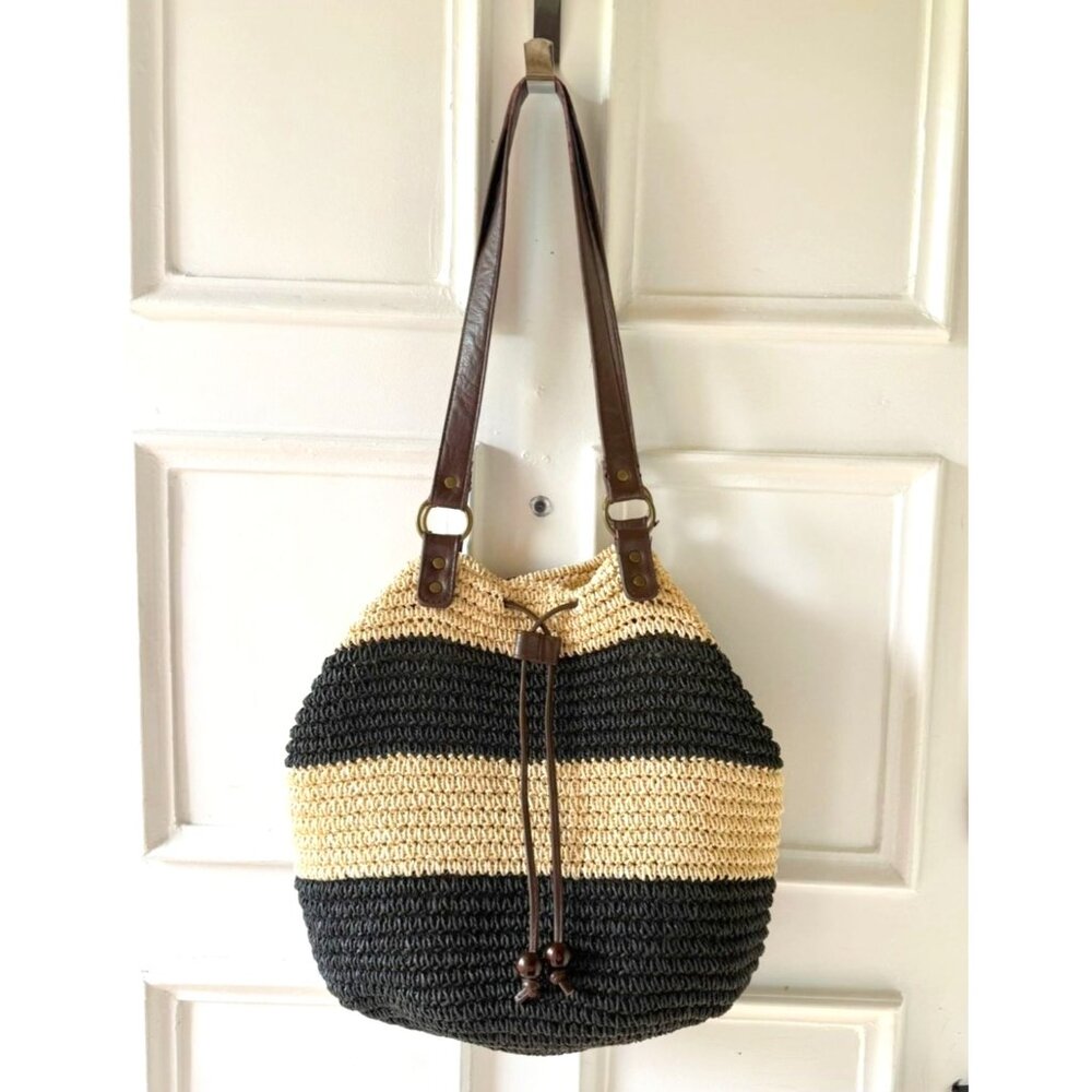 Sun N Sand Accessories Striped Woven Straw Tote Bag Faux Leather Shoulder Purse